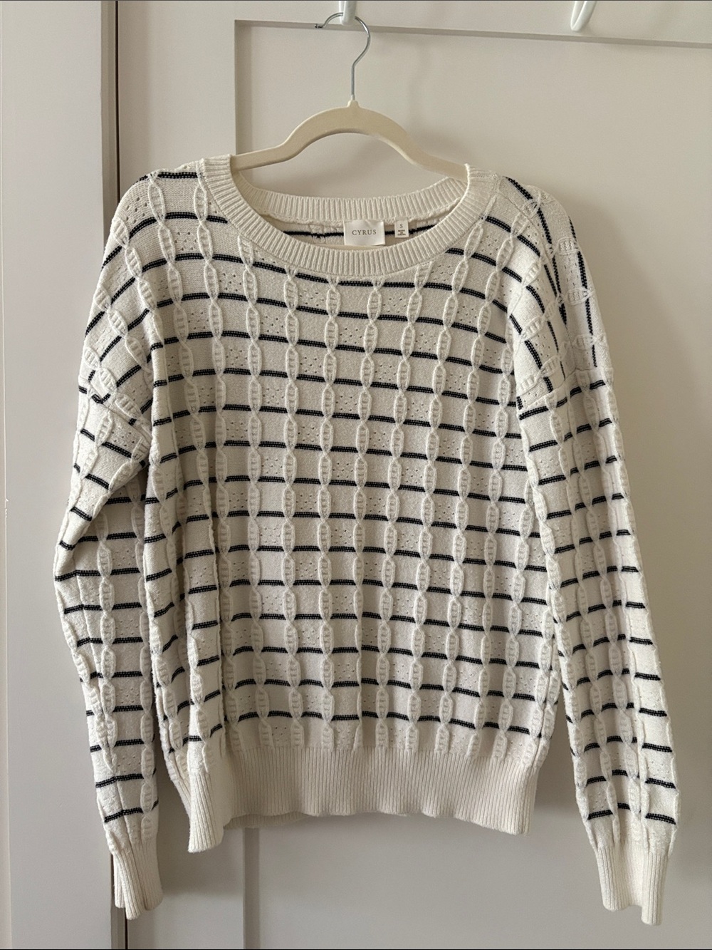 Cyrus Cream Crewneck Sweater with Black Grid Pattern
